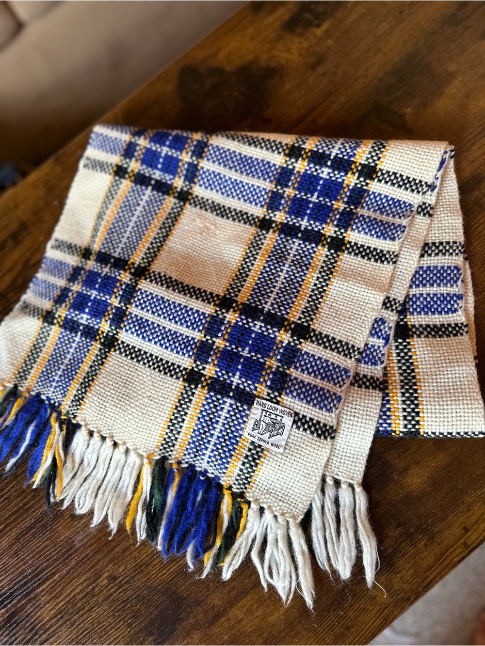 Handwoven Plaid Fringe Scarf - Blue, Cream & Yellow Wool